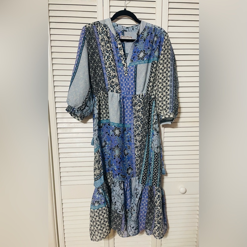 Johnny Was Blue Patterned Marrakesh dress. Size M. Drawstring sides.
